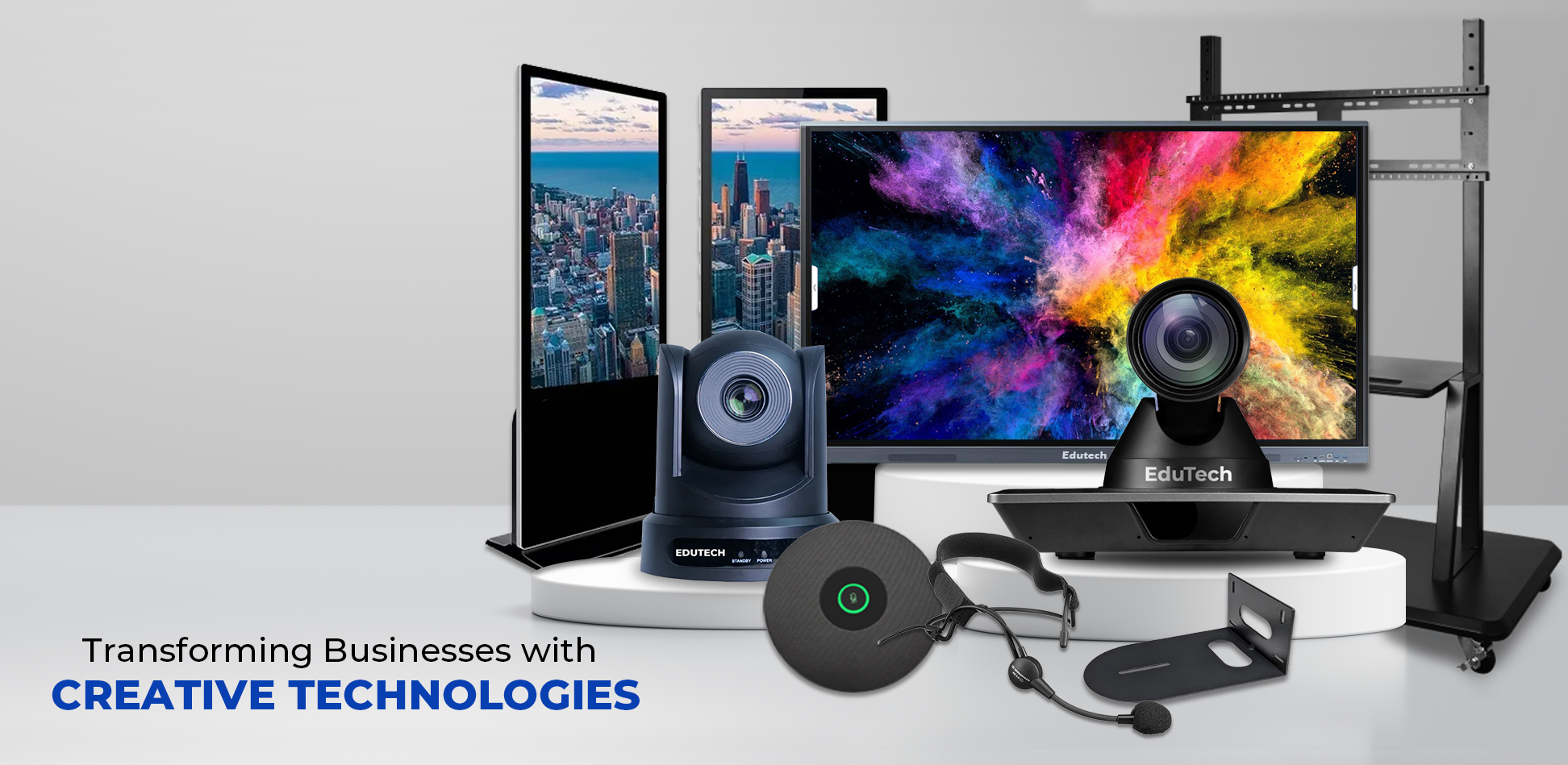 Edutech products including 4K PTZ cameras, interactive flat panels, digital standees and smart classroom accessories