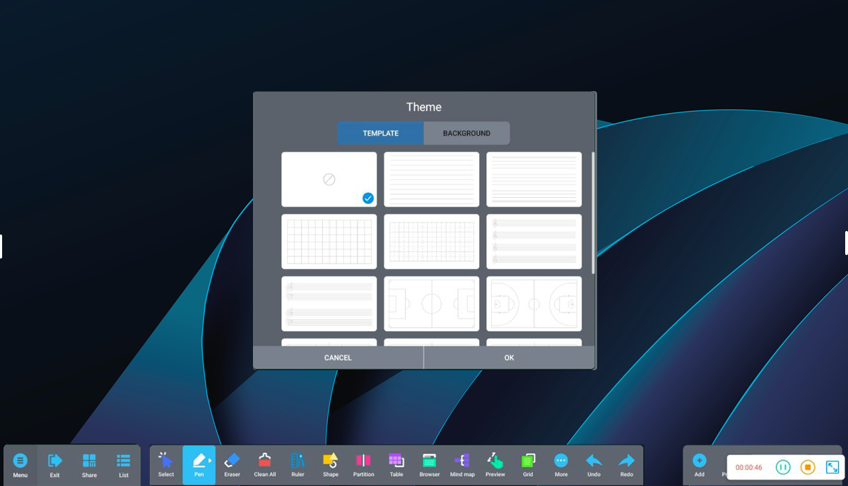 Customizable templates and background designs on interactive whiteboard