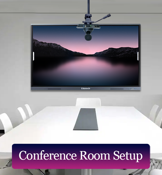 Corporate meeting room setup with large display and audio system