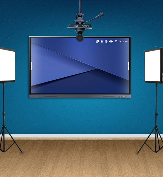 Virtual classroom studio setup with wireless microphone and display panel